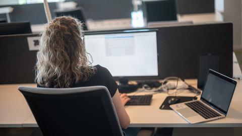 Eine Frau sitz an einem Schreibtisch vor dem PC und arbeitet.