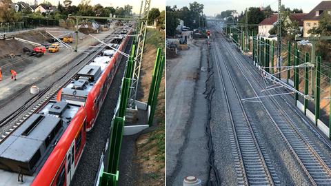 Bahnstrecke Bad Vilbel - Frankfurt während und nach den Bauarbeiten zur Gleiserweiterung (Bildkombo)