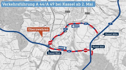 Karte mit den Streckenabschnitten, die seit dem 2. Mai nur noch in eine Richtung befahrbar sind. Dazu ist die Altenbaunaer Straße in Kassel-Oberzwehren markiert.