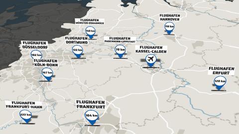 Deutschlandkarte, in der Flughäfen und ihr jeweiliger Abstand zum Kassel Airport eingezeichnet sind.