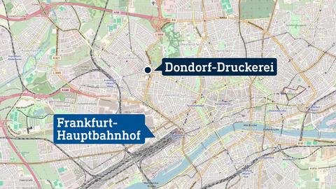 Karte der Innenstadt Frankfurt, in welche ein Standort mit der Bezeichnung "Dondorf Druckerei" eingezeichnet ist.