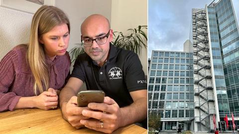 Bildkombination aus zwei Fotos: links ein Mann und eine Frau, die am Tisch sitzend in ein Smartphone schauen und rechts ein Hochhaus in der Außenansicht.