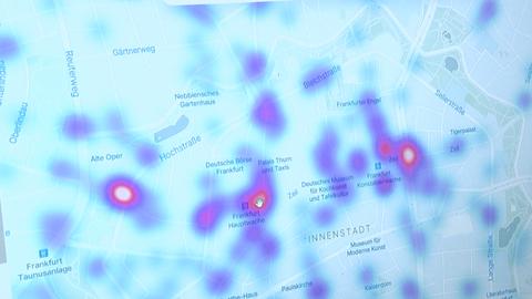 Digitale Karte der Frankfurter Innenstadt mit unterschiedlich intensiven farblich markierten Bereichen.