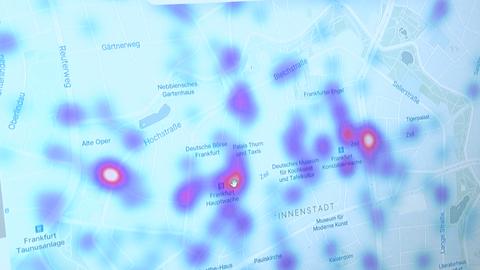 Digitale Karte der Frankfurter Innenstadt mit unterschiedlich intensiven farblich markierten Bereichen.