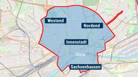 Karte von Frankfurt, der Bereich um Westend, Nordend, Innenstadt und Sachsenhausen ist eingerahmt und blau hervorgehoben.