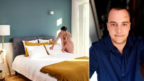 Bildkombination aus zwei Foto. links ein (Werbe)foto, auf welchem eine Frau neben einem Bett in einem Schlafzimmer steht; rechts Portrait eines jungen Mannes.