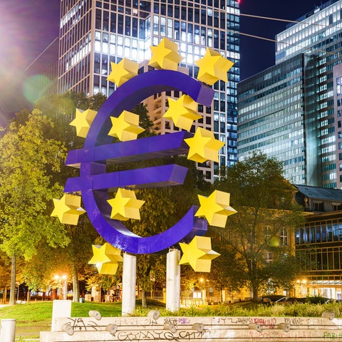 Das Eurozeichen ist in der Nacht beleuchtet.