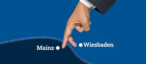 Auf der Illustration ist eine Hand zu sehen, deren Zeige- und Mittelfinger zu einer "Gehen"-Geste geformt sind. Der Arm zur Hand trägt einen geschäftlichen Anzug. Die Finger bewegen sich zwischen zwei Farbflächen, an deren Grenze jeweils das Wort "Mainz" und "Wiesbaden" mit einem farbigen Punkt symbolisiert sind.