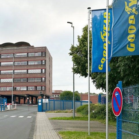 Industriegebäude mit blauen Fahnen davor, auf denen in gelben Lettern "Goodyear" steht.
