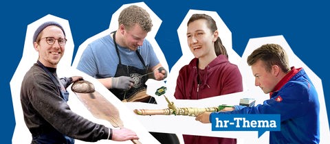 Portraits von vier jungen Handwerkerinnen und Handwerkern auf einem blauen Hintergrund.