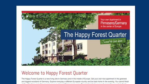 Werbung für die Immobilie in Pirmasens mit dem Schriftzug Happy Forest Quarter