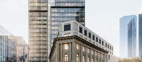 Der Entwurf des Central Business Tower, der an der Neuen Mainzer Straße in Frankfurt entstehen soll, zeigt einen Büroturm mit Glasfassade