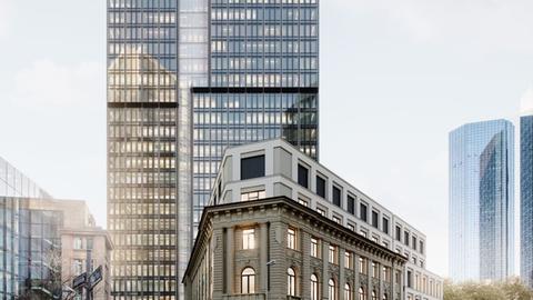 Der Entwurf des Central Business Tower, der an der Neuen Mainzer Straße in Frankfurt entstehen soll, zeigt einen Büroturm mit Glasfassade