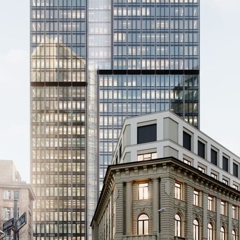 Der Entwurf des Central Business Tower, der an der Neuen Mainzer Straße in Frankfurt entstehen soll, zeigt einen Büroturm mit Glasfassade