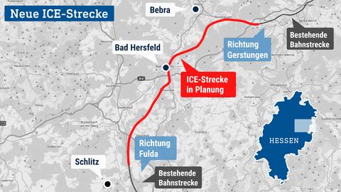 Die Karte zeigt einen Auschnitt von Hessen, in welchem Bad Hersfeld, Bebra und Schlitz lokalisiert sind. Eine rote Linie stellt die neue ICE-Strecke dar.