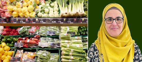 Die Bildkombination zeigt links ein Foto einer Gemüseabteilung eines Supermarktes und rechts das Portrait von Raafa Sabri.