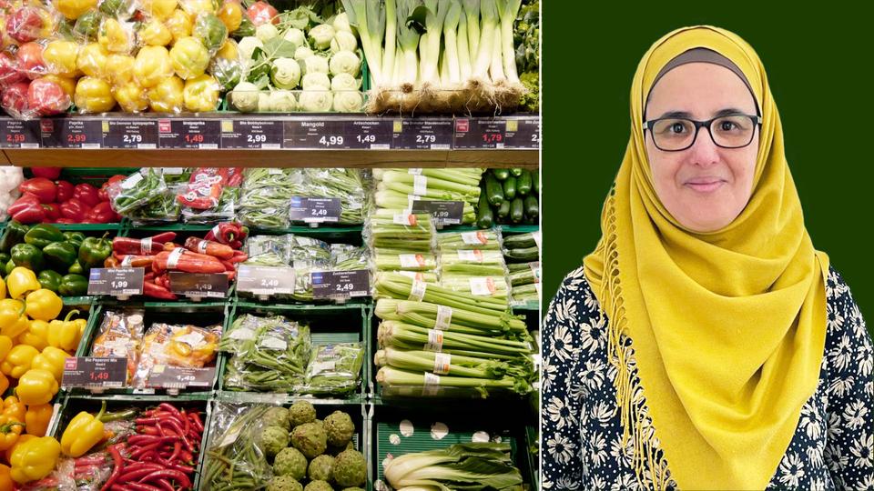 Die Bildkombination zeigt links ein Foto einer Gemüseabteilung eines Supermarktes und rechts das Portrait von Raafa Sabri.