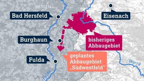 Karte mit den Orten Bad Hersfeld, Fulda, Eisenach und Burghaun. Dazwischen eingezeichnete Bereiche des bestehenden und geplanten Abbaugebietes.