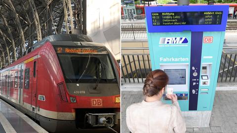 Bildkombination aus einem Foto von einer Bahn im Bahnhof und einem Foto einer Frau, die vor einem Fahrkartenautomat steht.