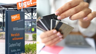 Das Willkommen-Schild einer Tegut-Filiale und die Hand einer Frau, die Kundenkarten hält.