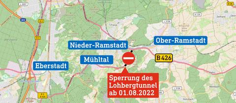 Karte mit Bundesstraße und Orten und dem gesperrten Lohbergtunnel