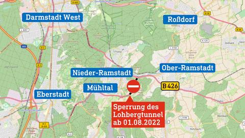 Karte mit Bundesstraße und Orten und dem gesperrten Lohbergtunnel