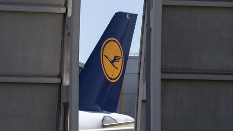 Die Heckflosse einer Passagiermaschine der Lufthansa ragt in einer Lücke in der Lärmschutzwand auf dem Flughafen Frankfurt in die Höhe.