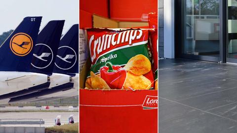 Drei Fotos: links Flugzeuge mit dem Lufthansalogo, mittig eine Tüte Chips im Regal, recht eine Terrasse mit grauen Fliesen