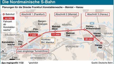 Die Grafik zeigt den geplanten Verlauf der nordmainischen S-Bahn von Frankfurt nach Hanau