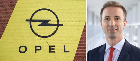 Bildkombination aus zwei Fotos: links das schwarze Opel Logo auf eine Backsteinwand mit einem gelben Anstrich gemalert, rechts ein Portrait von Florian Huettl.