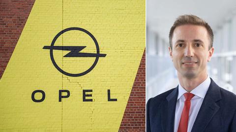 Bildkombination aus zwei Fotos: links das schwarze Opel Logo auf eine Backsteinwand mit einem gelben Anstrich gemalert, rechts ein Portrait von Florian Huettl.
