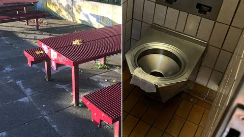 Dreckige Toilette, Sitzplätze aus Stahl