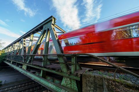 Ein Zug fährt über die Main-Neckar-Brücke.