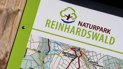 "Naturpark Reinhardswald" steht auf einer Karte an einem Wegweiser.