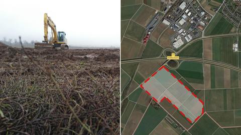 Geplantes Rewe-Logistikzentrum in Wölfersheim, Baggger auf einem Acker (Bildkombo)