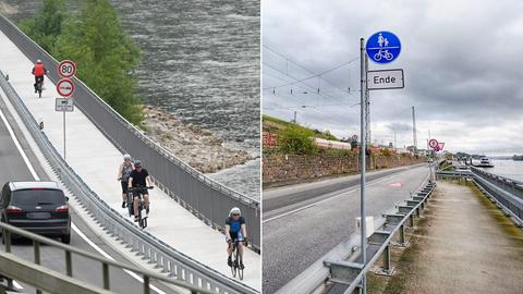 Kombo von zwei Fotos: links Radfahrer auf einem Radweg, der zwischen einer Straße und dem Fluß Rhein entlangführt; rechts ein Foto eines blauen Schildes mit Radfahrer- und Fußgänger-Symbol und darunter eine Extraschild "Ende". 