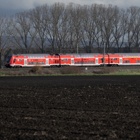 Ein Regional-Express fährt auf der Riedbahn genannten Bahnstrecke Mannheim-Frankfurt am Bahnhof Lampertheim. 
