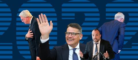 Vor einer Fläche mit der großen Zahl "2022" sind diverse Elemente angeordnet: freigestellte Fotos der Politiker Bouffier, Rhein, Geselle und Feldmann.