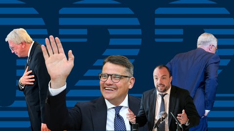 Vor einer Fläche mit der großen Zahl "2022" sind diverse Elemente angeordnet: freigestellte Fotos der Politiker Bouffier, Rhein, Geselle und Feldmann.