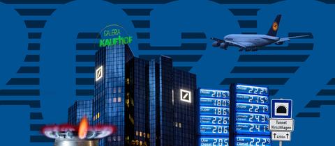 Vor einer Fläche mit der großen Zahl "2022" sind diverse Elemente angeordnet: Hochhäuser mir dem Logo der Deutschen Bank, das Logo von Galeria, eine Gasflamme, ein Lufthansa-Flugzeug und zwei Preisanzeigetafeln einer Tankstelle.