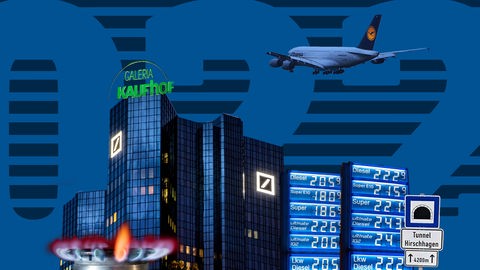 Vor einer Fläche mit der großen Zahl "2022" sind diverse Elemente angeordnet: Hochhäuser mir dem Logo der Deutschen Bank, das Logo von Galeria, eine Gasflamme, ein Lufthansa-Flugzeug und zwei Preisanzeigetafeln einer Tankstelle.