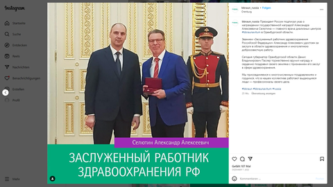 Der Instagram-Post mit dem Titel "Seljutin Alexander Alekseevich – Geehrter Angestellter der Gesundheitspflege der Russischen Föderation". Das Dekret zur Verleihung des Ordens hat Präsident Vladimir Putin unterzeichnet, wie rechts im Text genauer beschrieben wird.