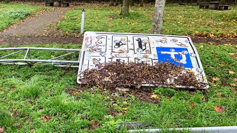 Umgestürztes Parkplatzschild liegt umgekippt und verdreckt am Boden