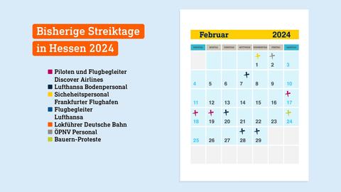 Das Kalenderblatt für Februar 2024 zeigt die Streik- und Protesttage bei der Bahn, im ÖPNV, am Flughafen Frankfurt und die Bauernproteste.