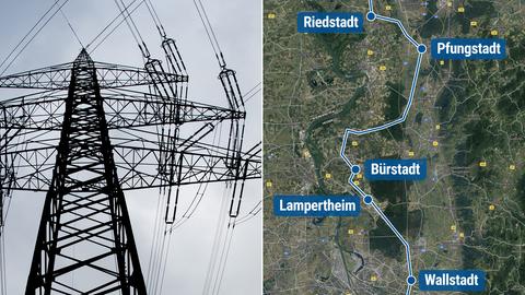 Bildkombination: Fotos von Strommasten links, rechts Grafik Streckenverlauf eingezeichnet in Karte