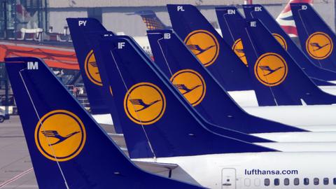 Lufthansa-Maschinen in Reihe geparkt.