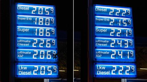 Eine Tankstelle zeigt den sprunghaften Preisanstieg: Links mit Tankrabatt, rechts ohne. 
