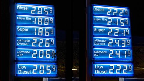 Eine Tankstelle zeigt den sprunghaften Preisanstieg: Links mit Tankrabatt, rechts ohne. 
