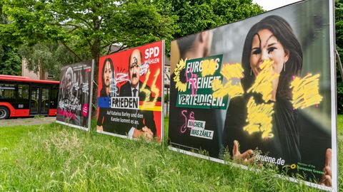 Beschmierte Wahlplakate von FDP, SPD und Grünen zur Europawahl