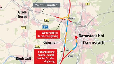 Die Karte zeigt die Weiterstädter Kurve.